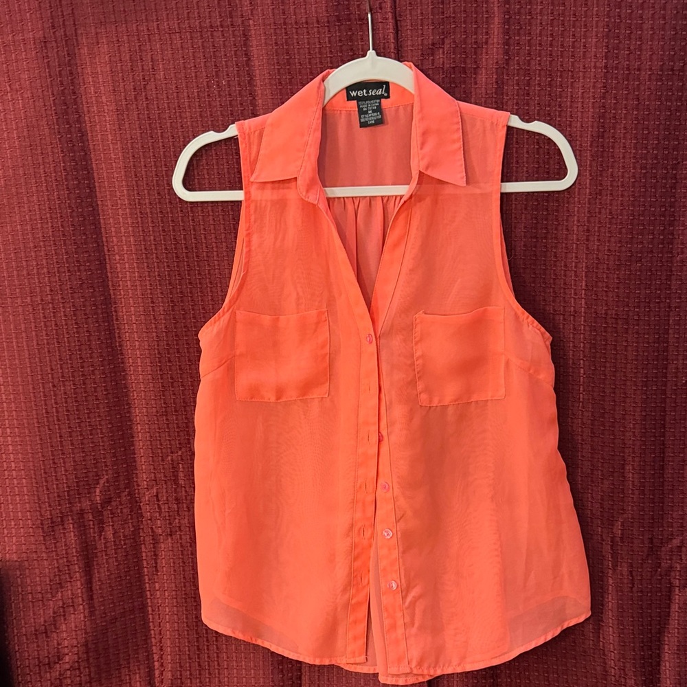 Wet Seal Women's Bright Orange Sleeveless Button Down Shirt